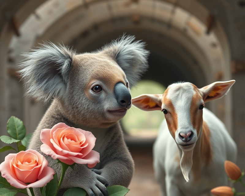 koala, tunnel, rose, almond, goat