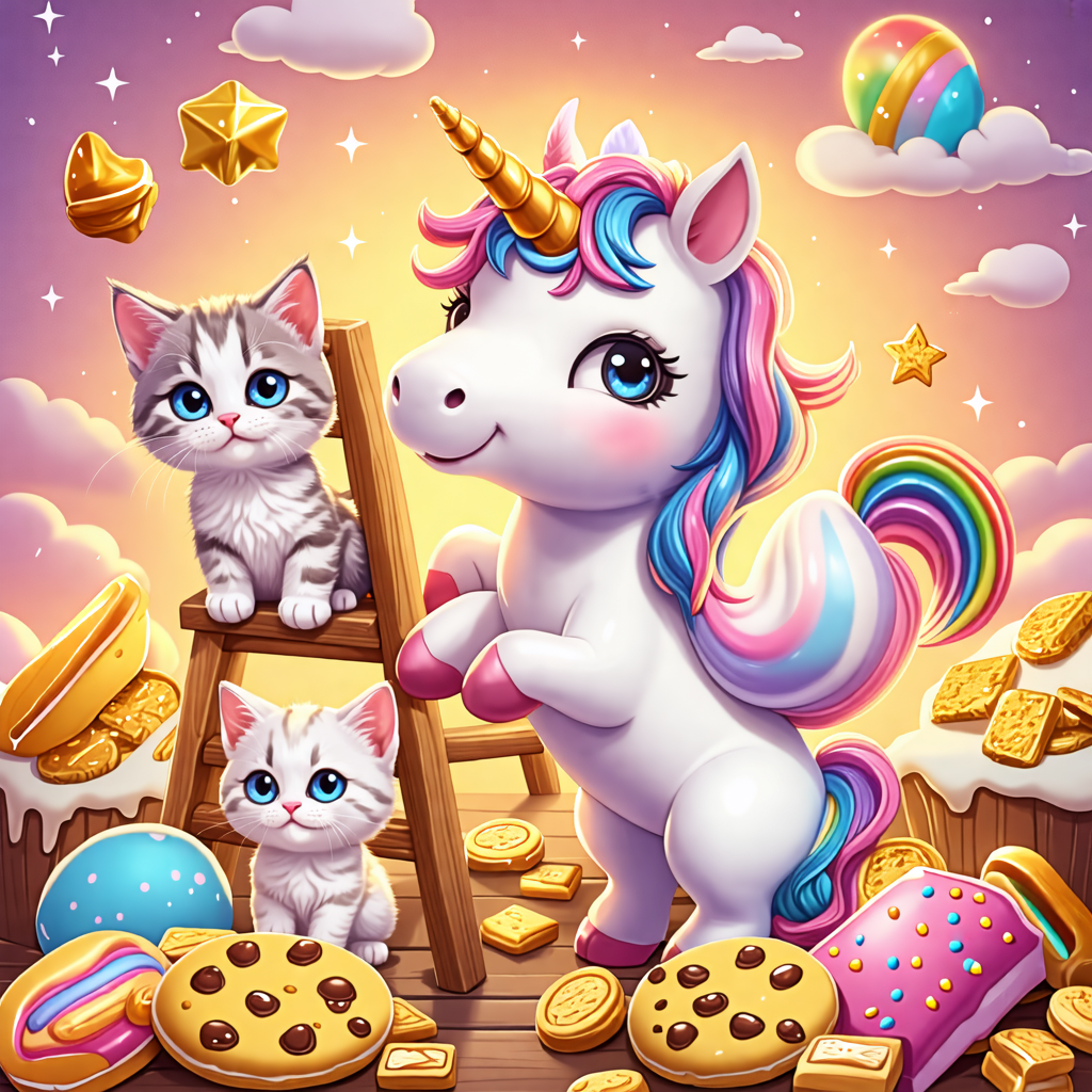 ladder, kitten, unicorn, gold, cookie