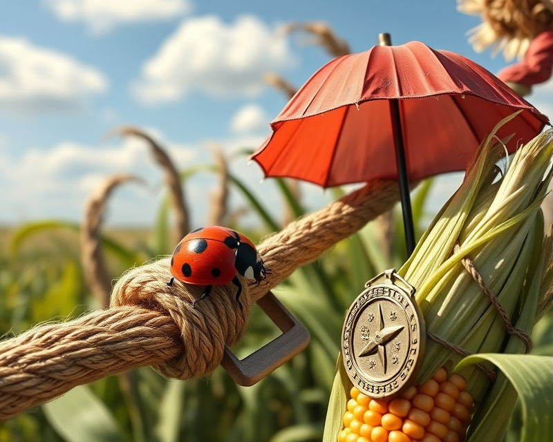 ladybug, rope, umbrella, medal, corn