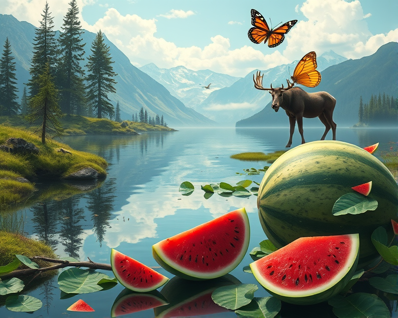 lake, bear, butterfly, moose, watermelon