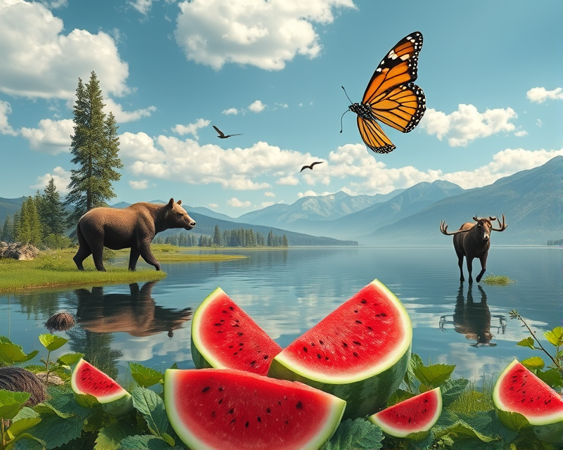 lake, bear, butterfly, moose, watermelon