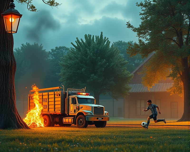 lamp, fire, cub, tree, truck, soccer