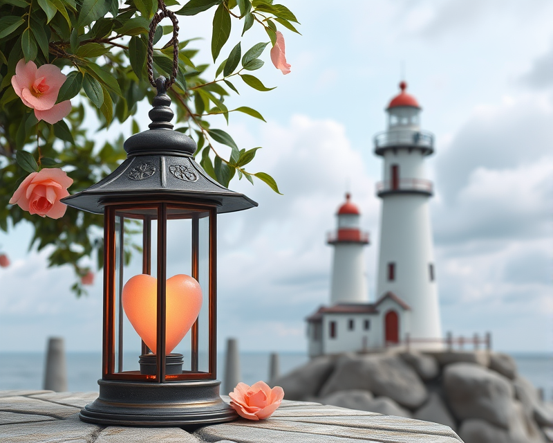 lamp, heart, peach, lighthouse, tree