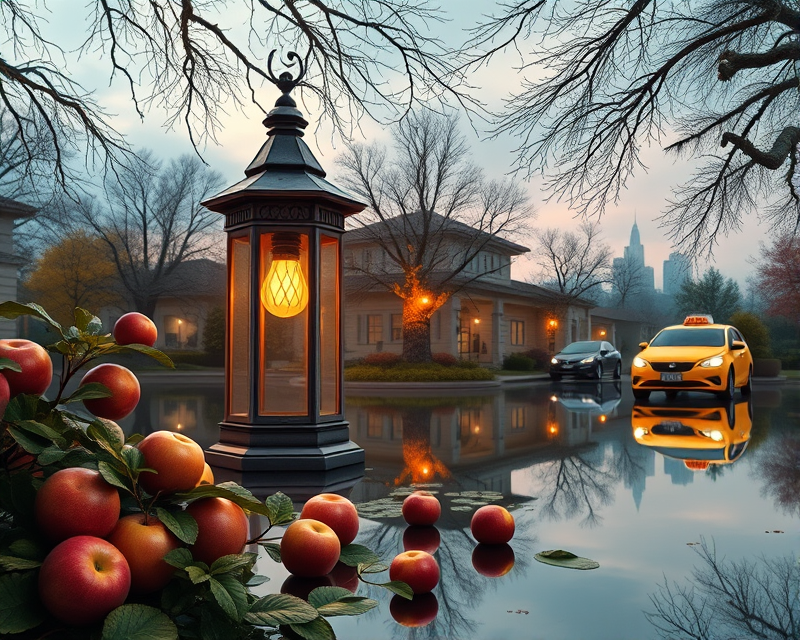 lantern, apple, pond, kettle, taxi