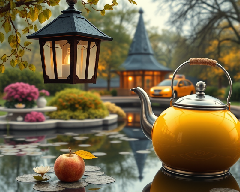 lantern, apple, pond, kettle, taxi