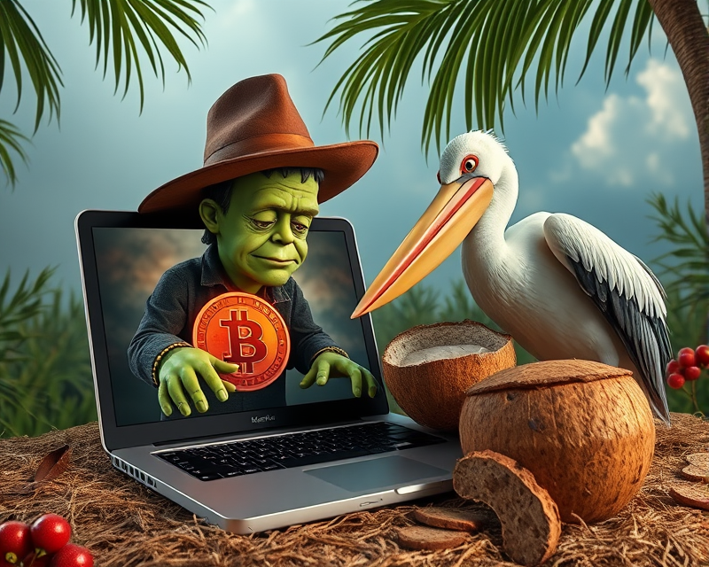 laptop, coconut, coin, frankenstein, rainbow, bread, pelican, scarecrow