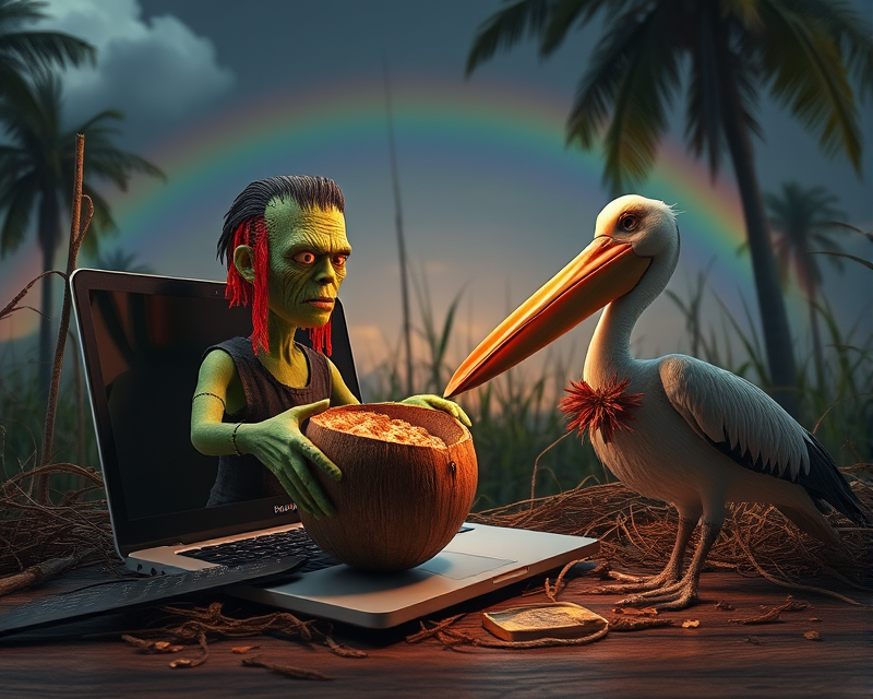 laptop, coconut, coin, frankenstein, rainbow, bread, pelican, scarecrow