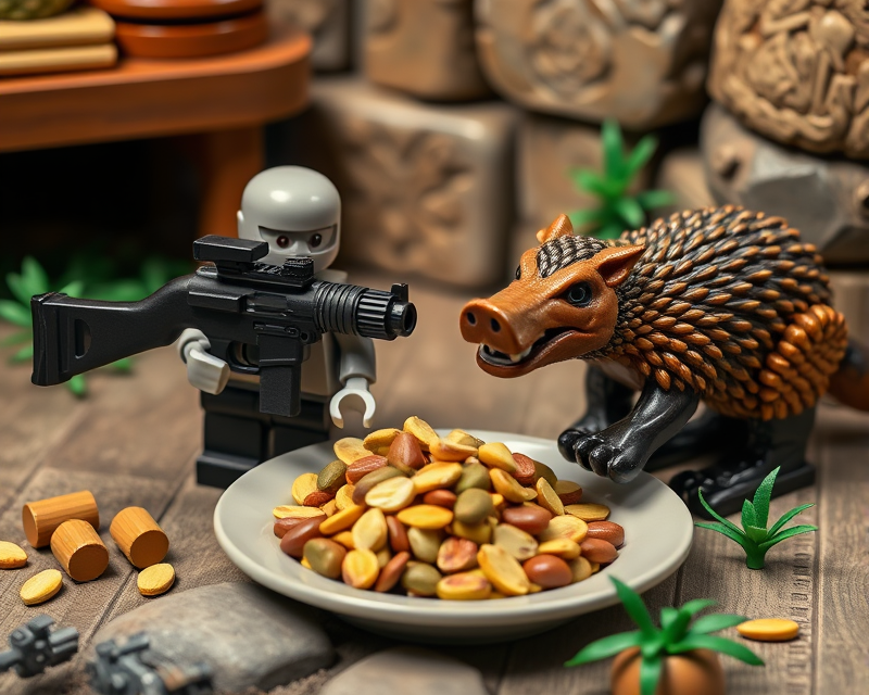 lego, gun, pistachio, plate, anteater