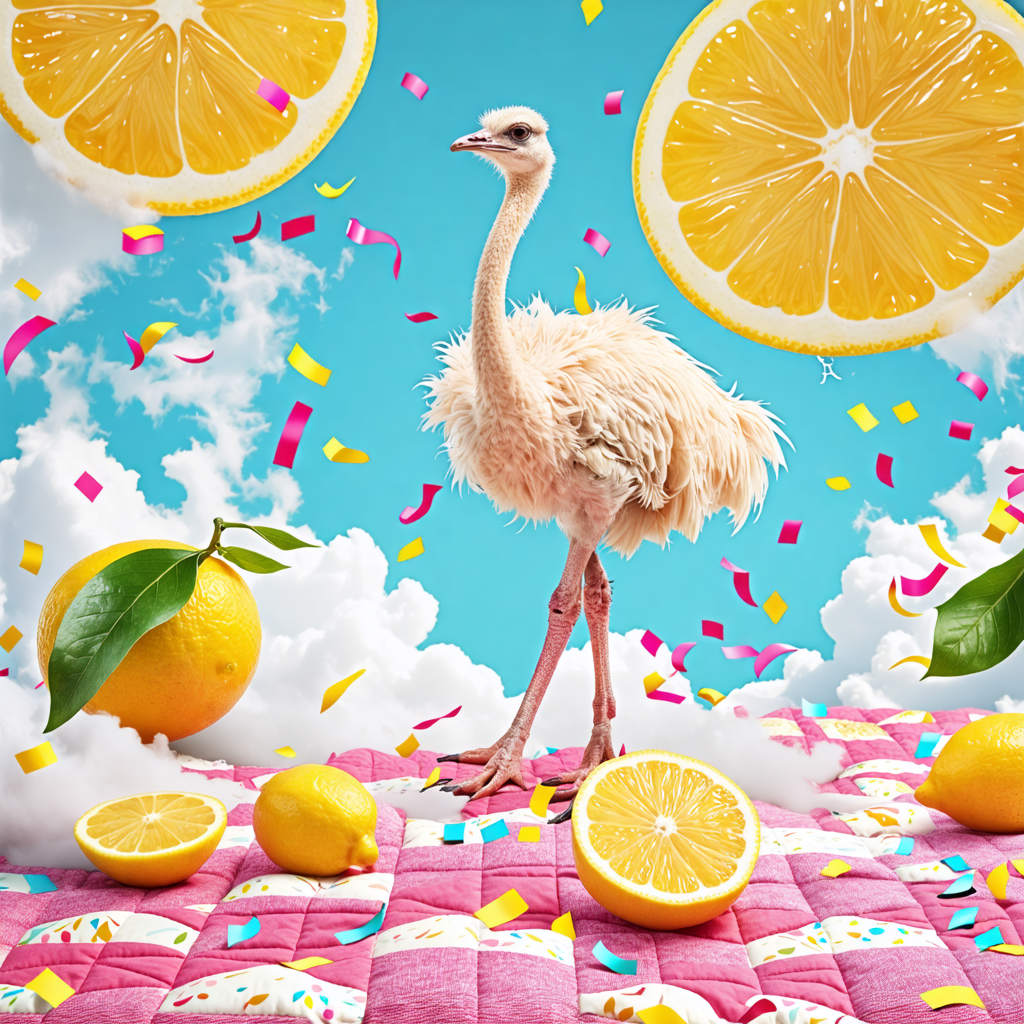 lemonade, ostrich, quilt, confetti, cloud