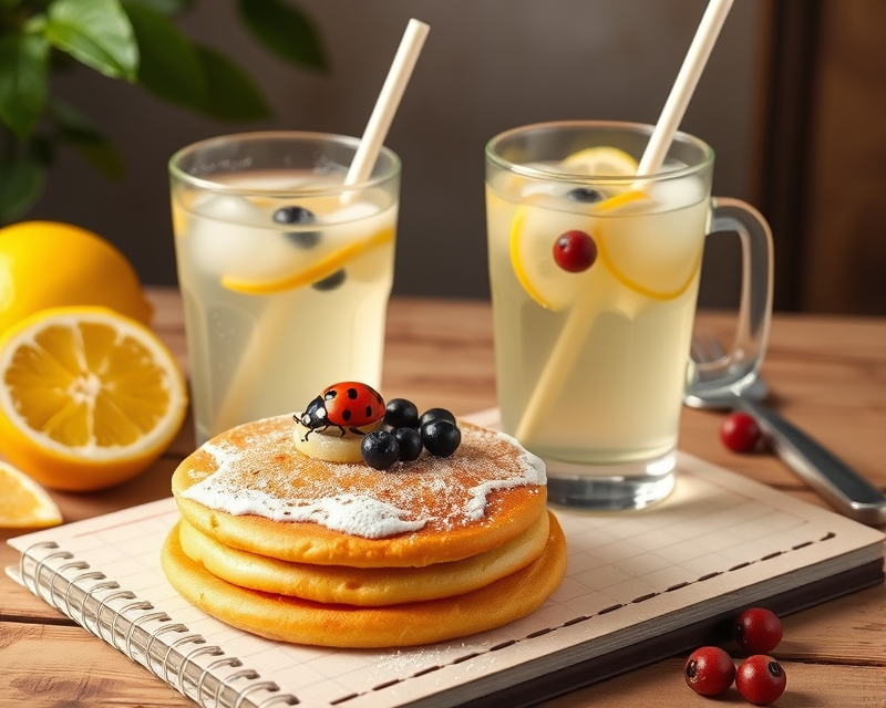 lemonade, pancake, notebook, ladybug