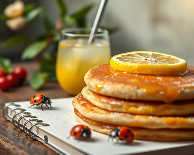 lemonade, pancake, notebook, ladybug