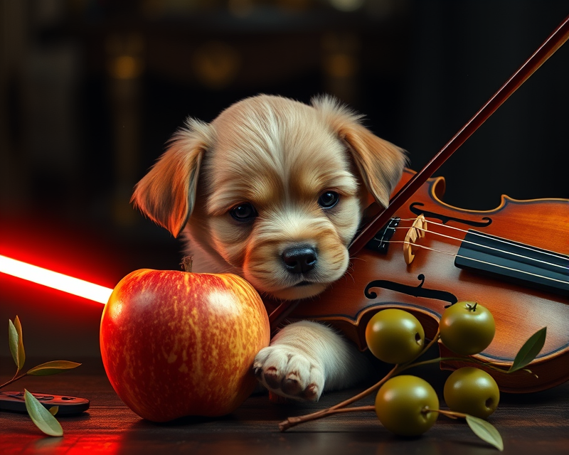 lightsaber, apple, puppy, violin, olive