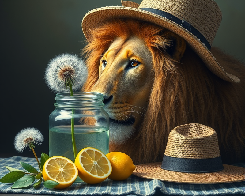 lion, dandelion, jar, hat, lemon