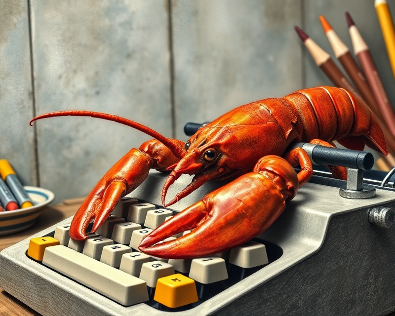 lobster, typewriter, crayon