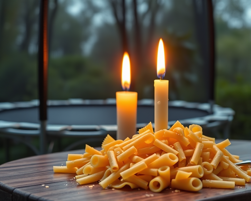 macaroni, trampoline, candle