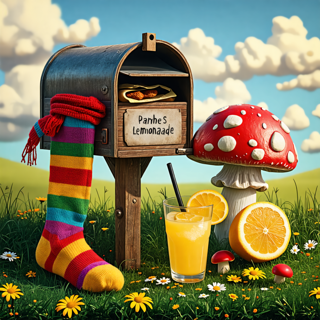 mailbox, lemonade, sock, scarf, mushroom