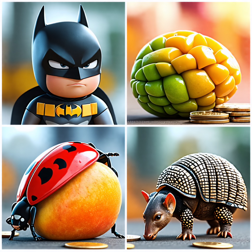 mango, batman, coin, armadillo, ladybug