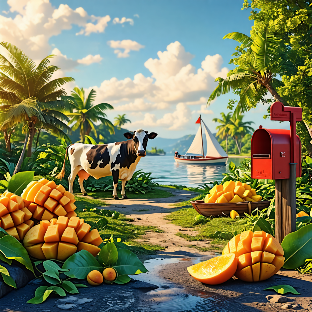 mango, cow, mailbox, boat, tent