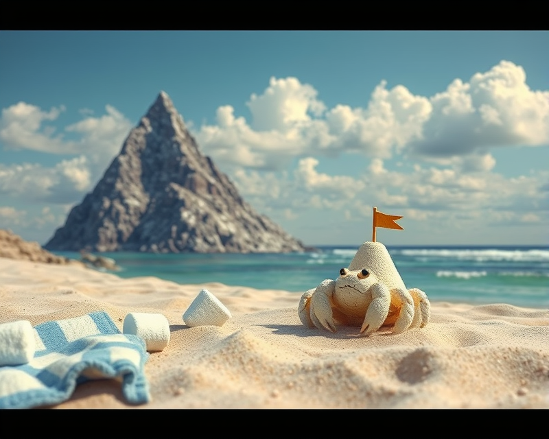 marshmallow, towel, mountain, crab, sandcastle