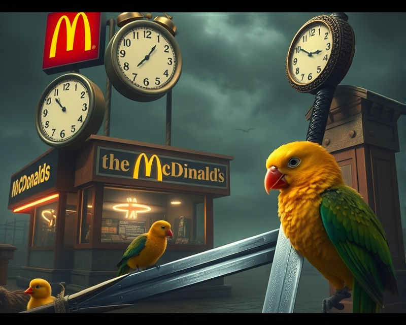 mcdonalds, clock, parrot, duckling, sword