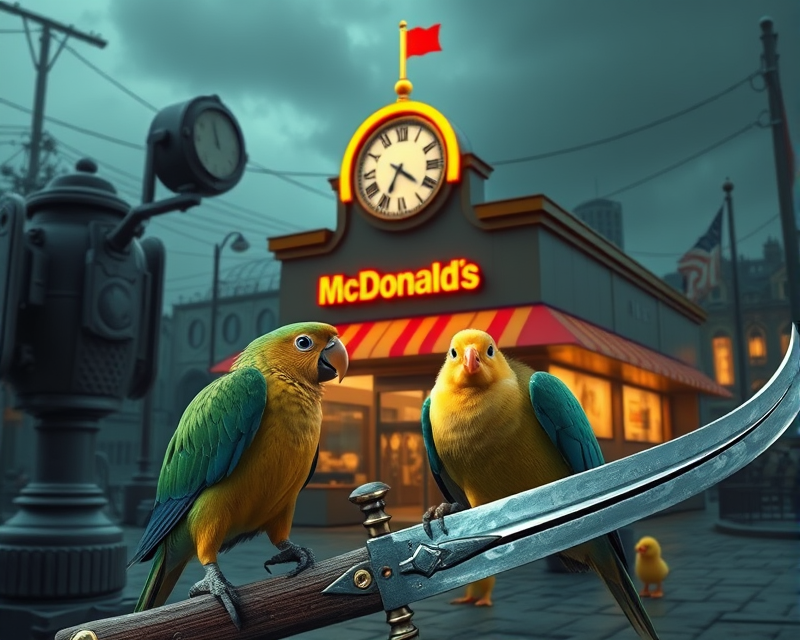 mcdonalds, clock, parrot, duckling, sword