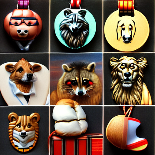 medal, raccoon, hamburger, laptop, lion, dog, cabin, surfboard, cow, meteor