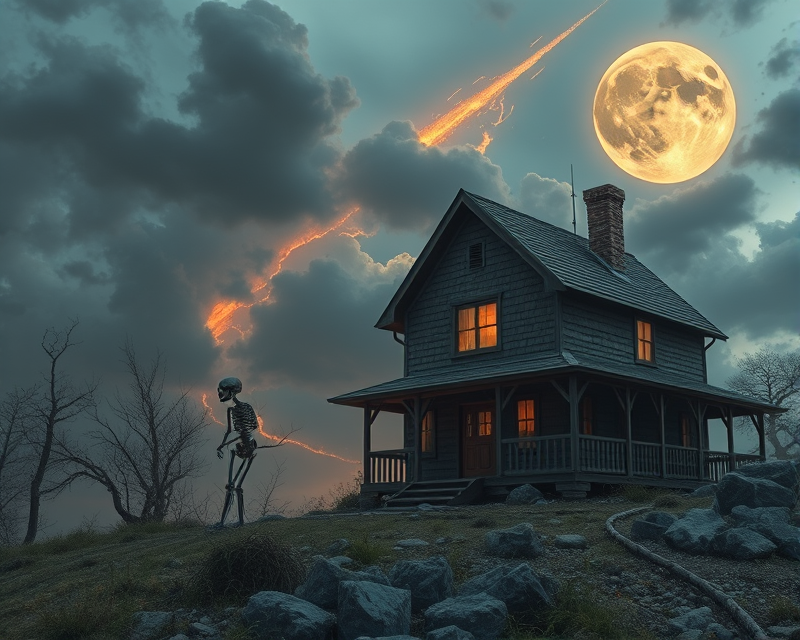 meteor, house, skeleton