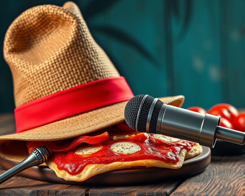 microphone, hat, pepperoni