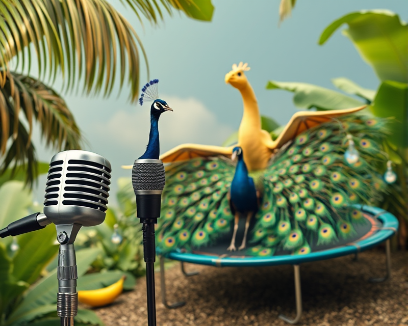 microphone, peacock, trampoline, dragon, banana