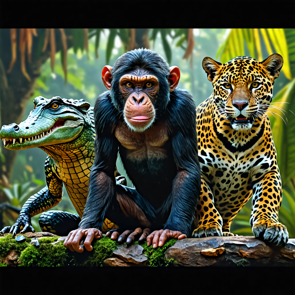 monkey, crocodile, sword, jaguar