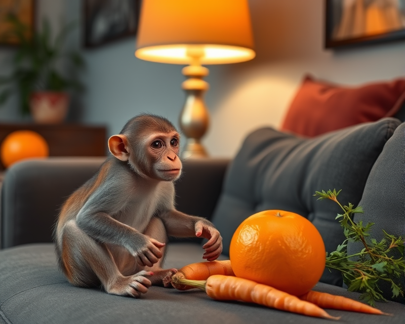 monkey, orange, lamp, carrot, couch