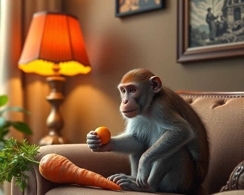 monkey, orange, lamp, carrot, couch