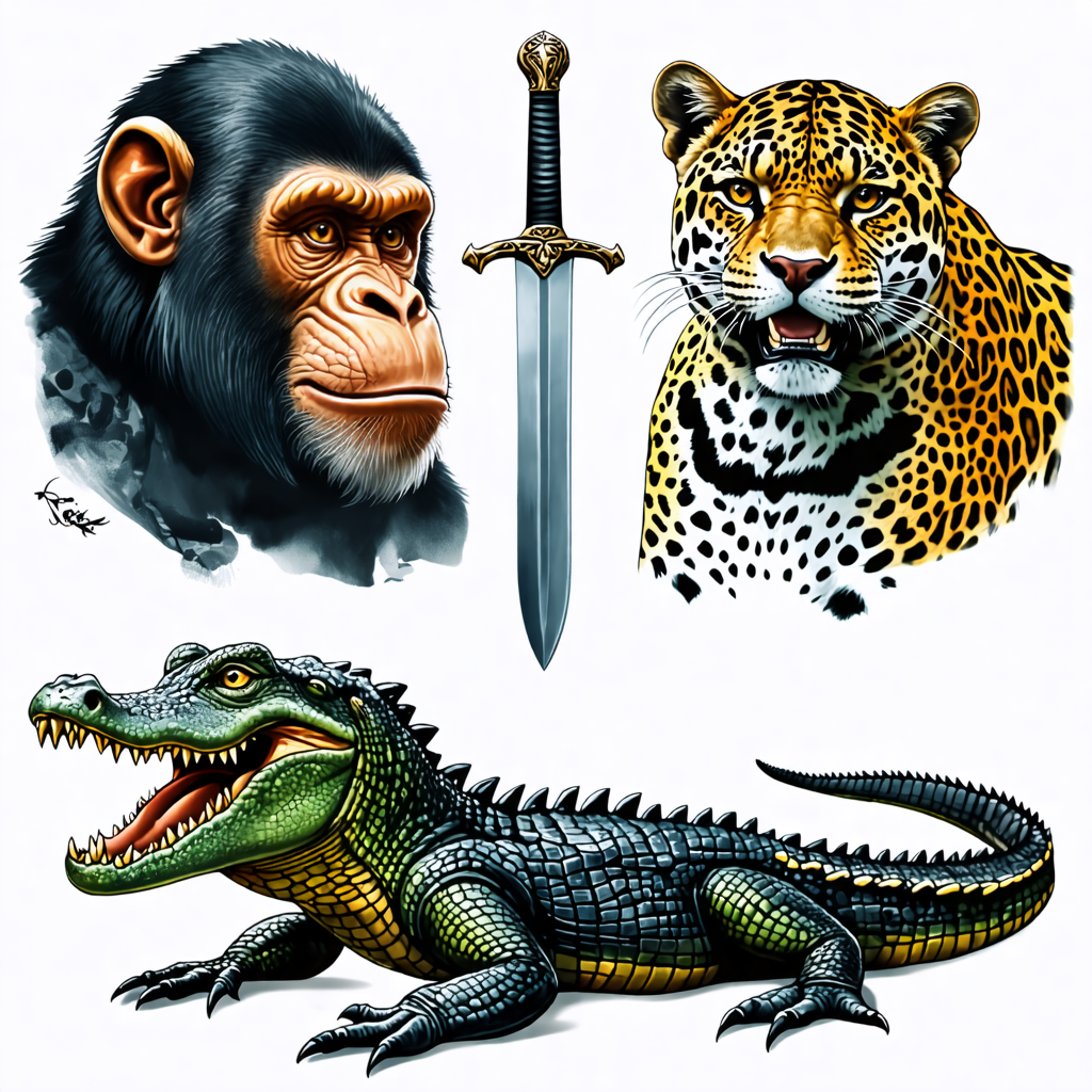 monkey, sword, jaguar, crocodile