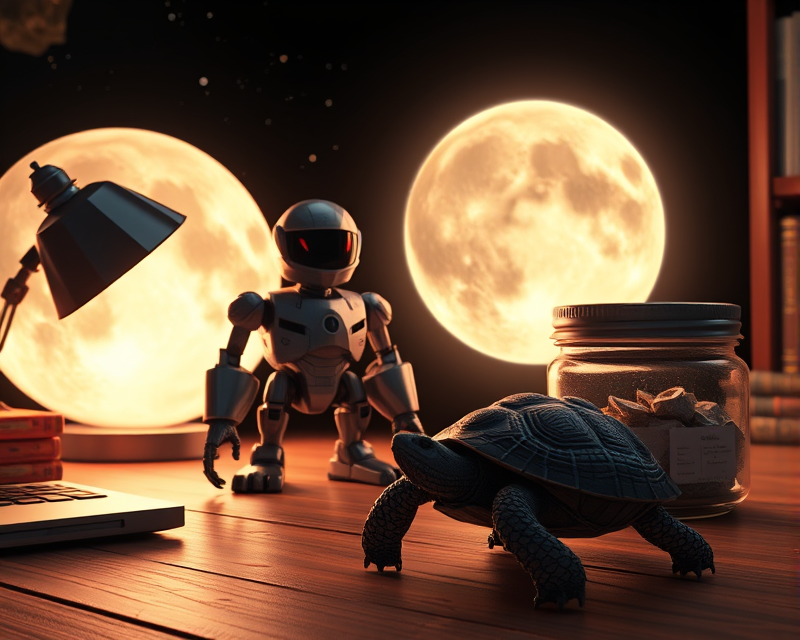 moon, desk, robot, turtle, jar