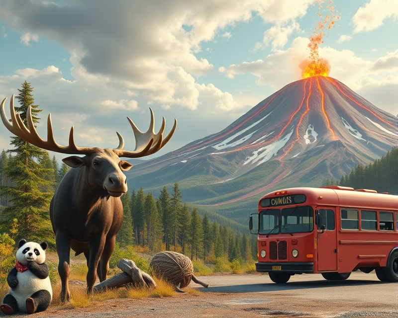 moose, panda, yarn, bus, volcano