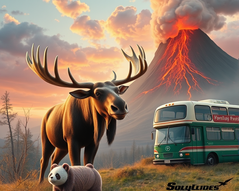 moose, panda, yarn, bus, volcano