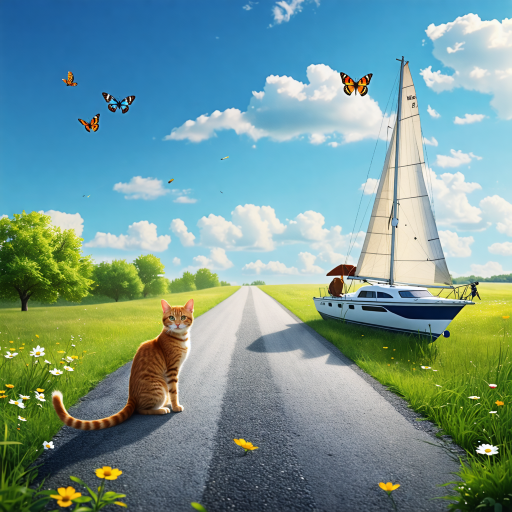 moth, road, cat, grass, sailboat