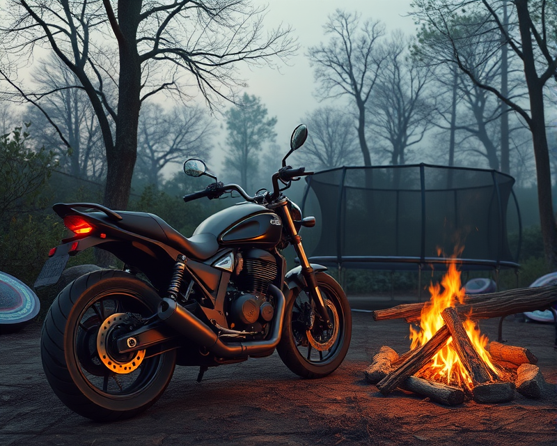 motorcycle, cauldron, trampoline, campfire