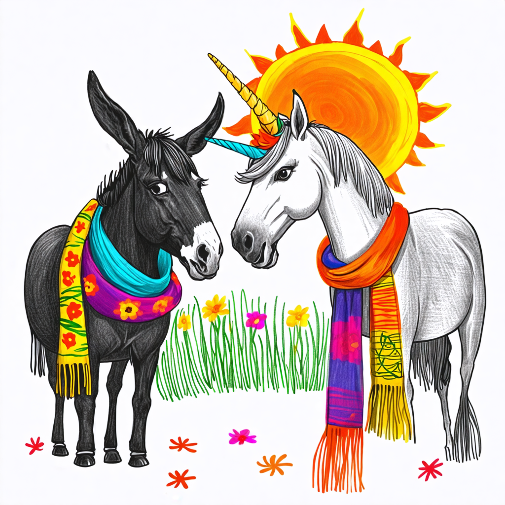 mule, unicorn, crayon, sun, scarf