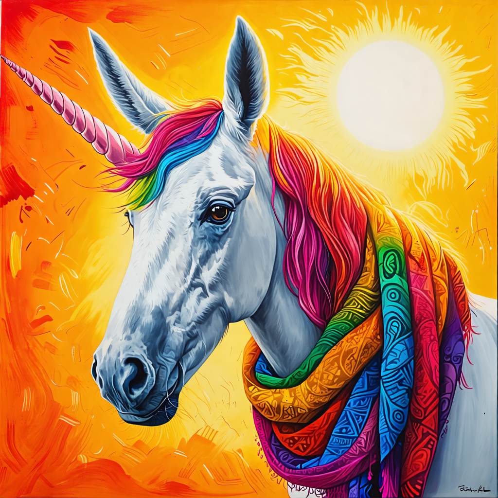 mule, unicorn, crayon, sun, scarf