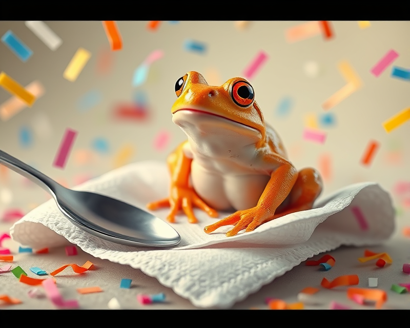 napkin, confetti, frog, helicopter, spoon