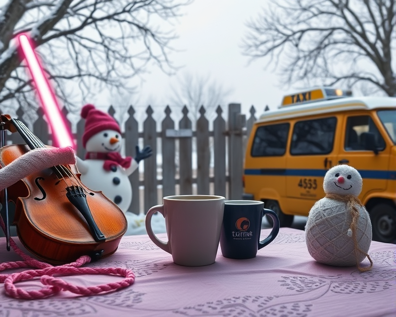 napkin, pink, glasses, yarn, lightsaber, violin, cup, fence, snowman, frankenstein, taxi, van