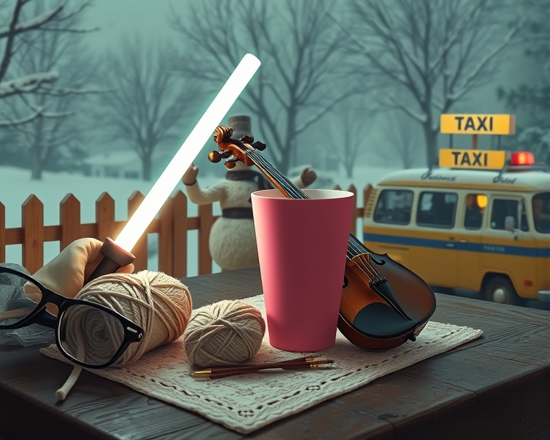 napkin, pink, glasses, yarn, lightsaber, violin, cup, fence, snowman, frankenstein, taxi, van