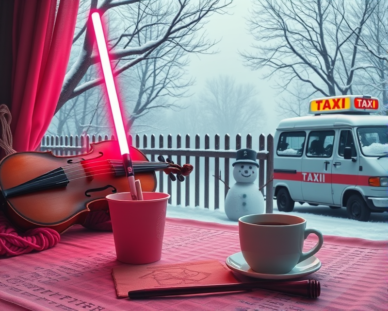 napkin, pink, glasses, yarn, lightsaber, violin, cup, fence, snowman, frankenstein, taxi, van