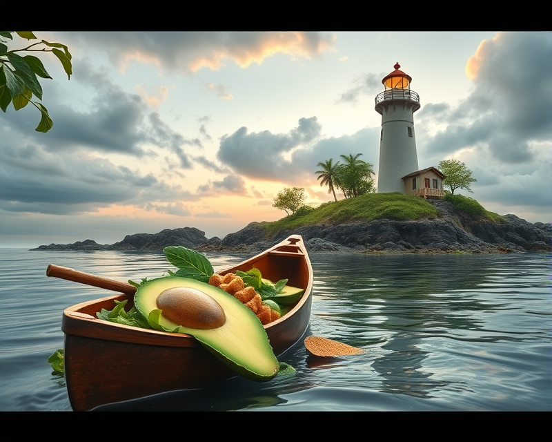 noodle, avocado, lighthouse, canoe