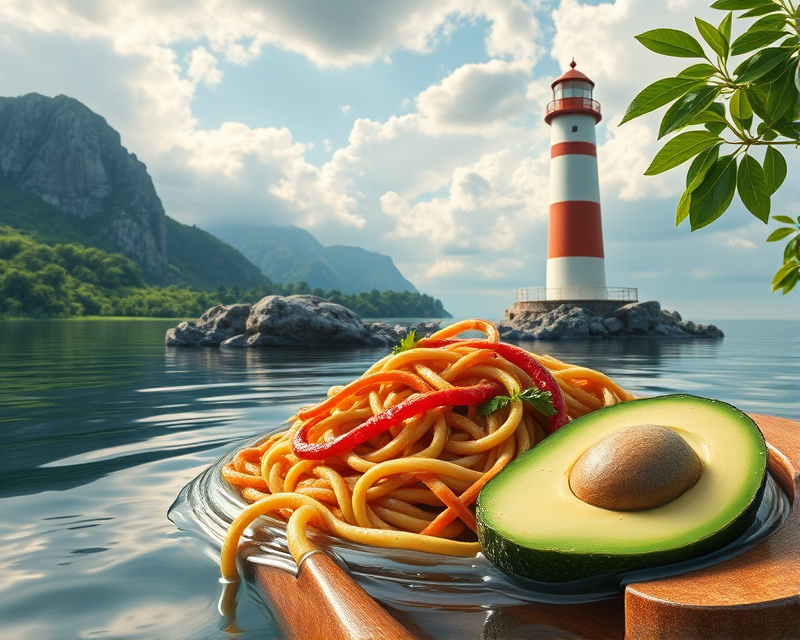 noodle, avocado, lighthouse, canoe