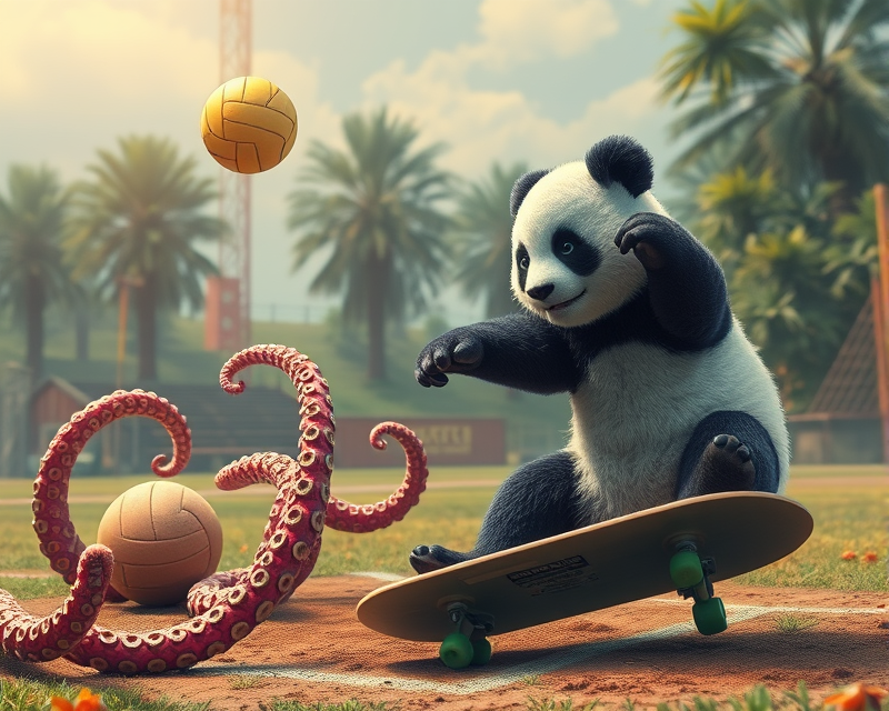 octopus, panda, baseball, volleyball, skateboard