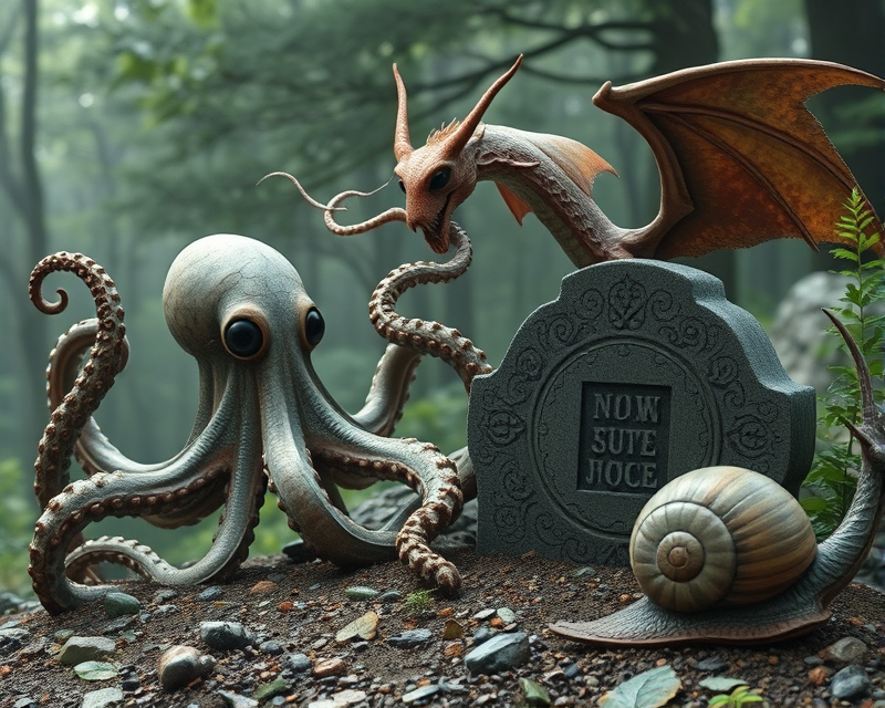 octopus, robot, dragon, tombstone, snail