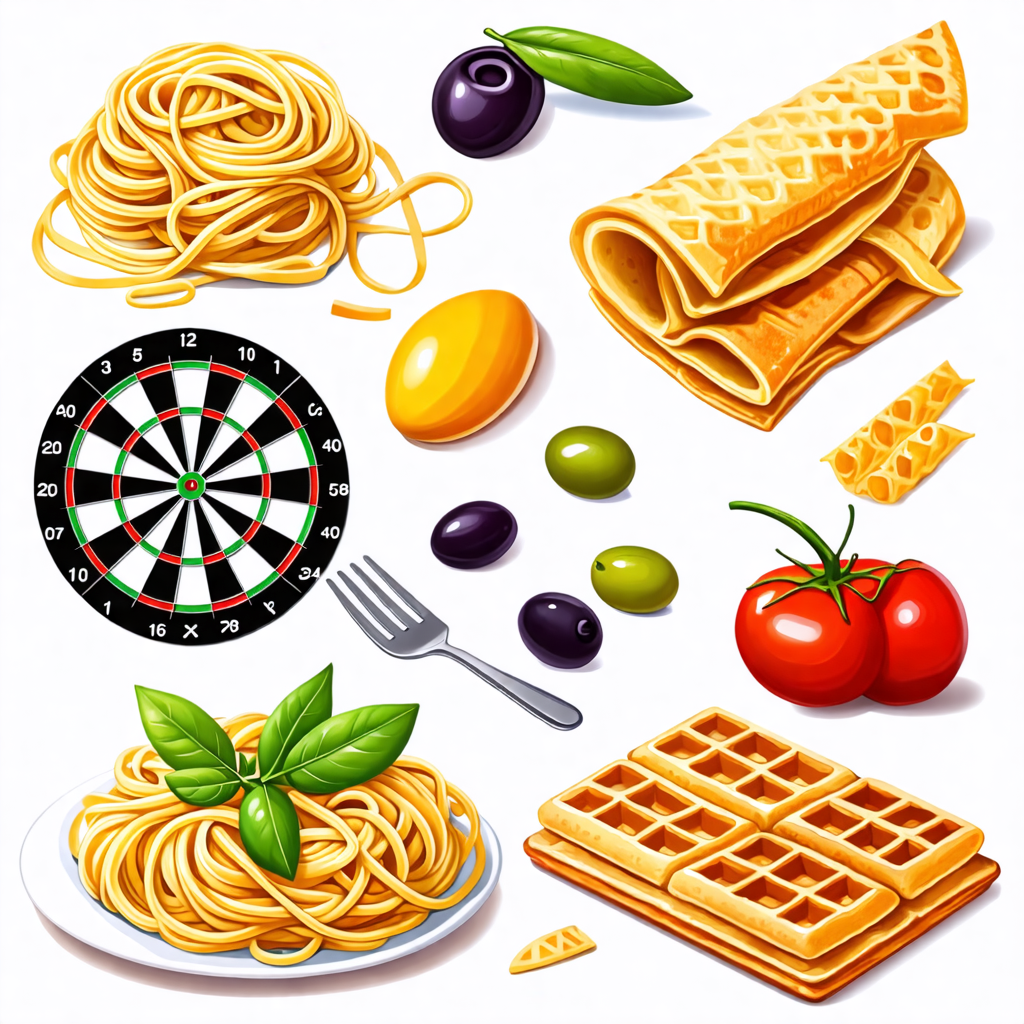 olive, dartboard, pool, pasta, waffle