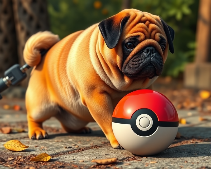 orange, pug, pokeball